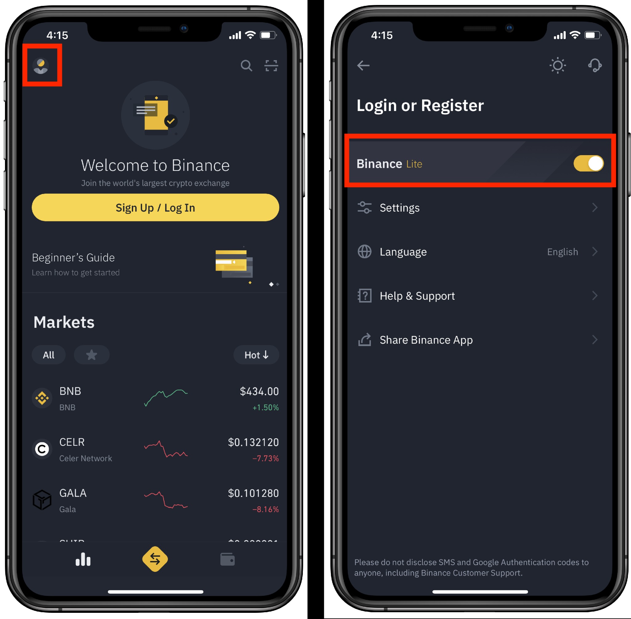 Giao diện người dùng của ứng dụng Binance trên điện thoại di động