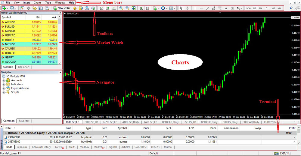 Giao diện của một phần mềm phân tích kỹ thuật Forex hiển thị các biểu đồ và chỉ báo kỹ thuật